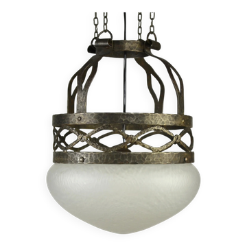Ceiling lamp, hand-forged hammered iron with glass shade, early 20th century, Sweden