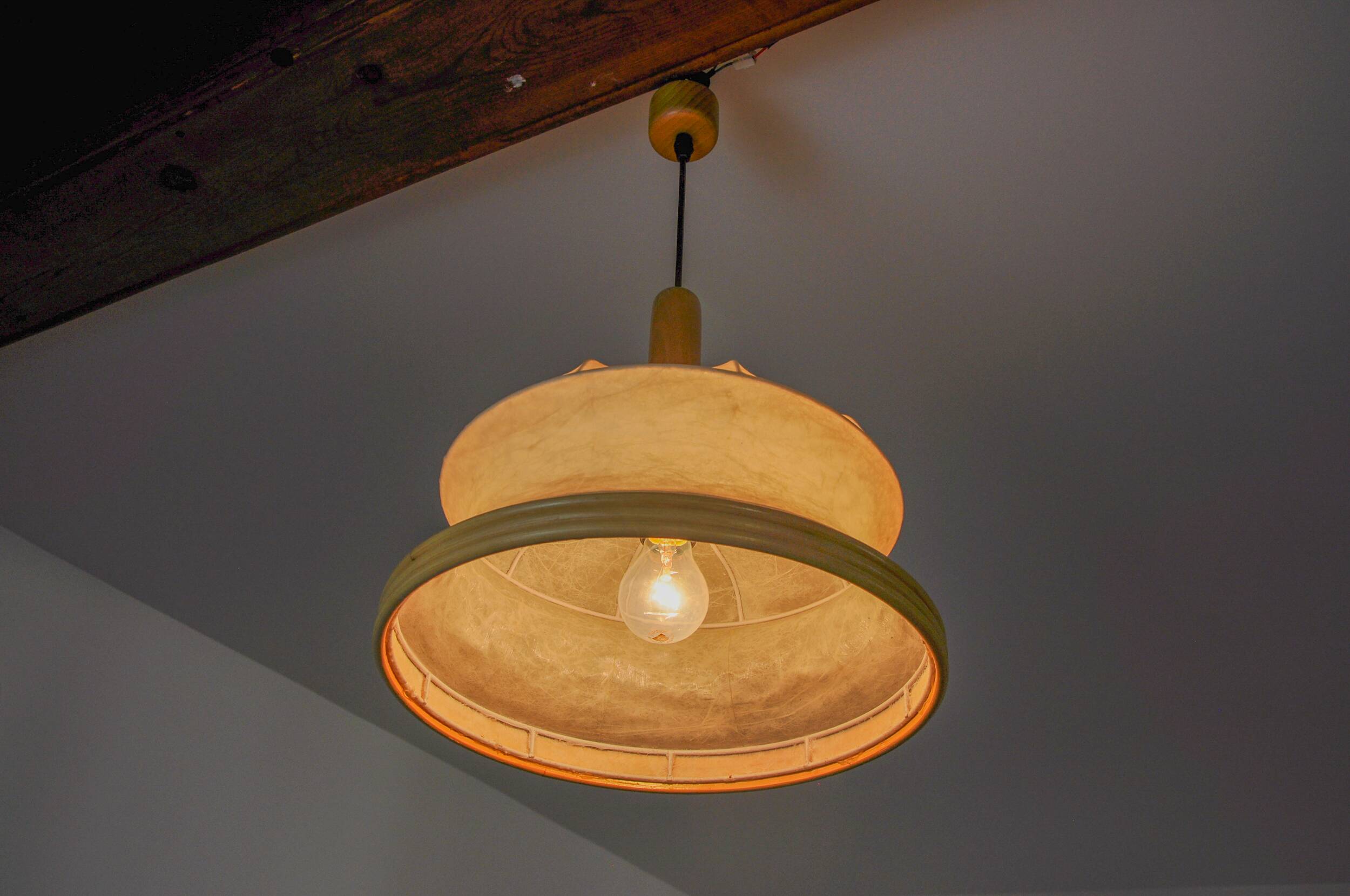"Cocoon" pendant light, resin and pine, Italy, 1970