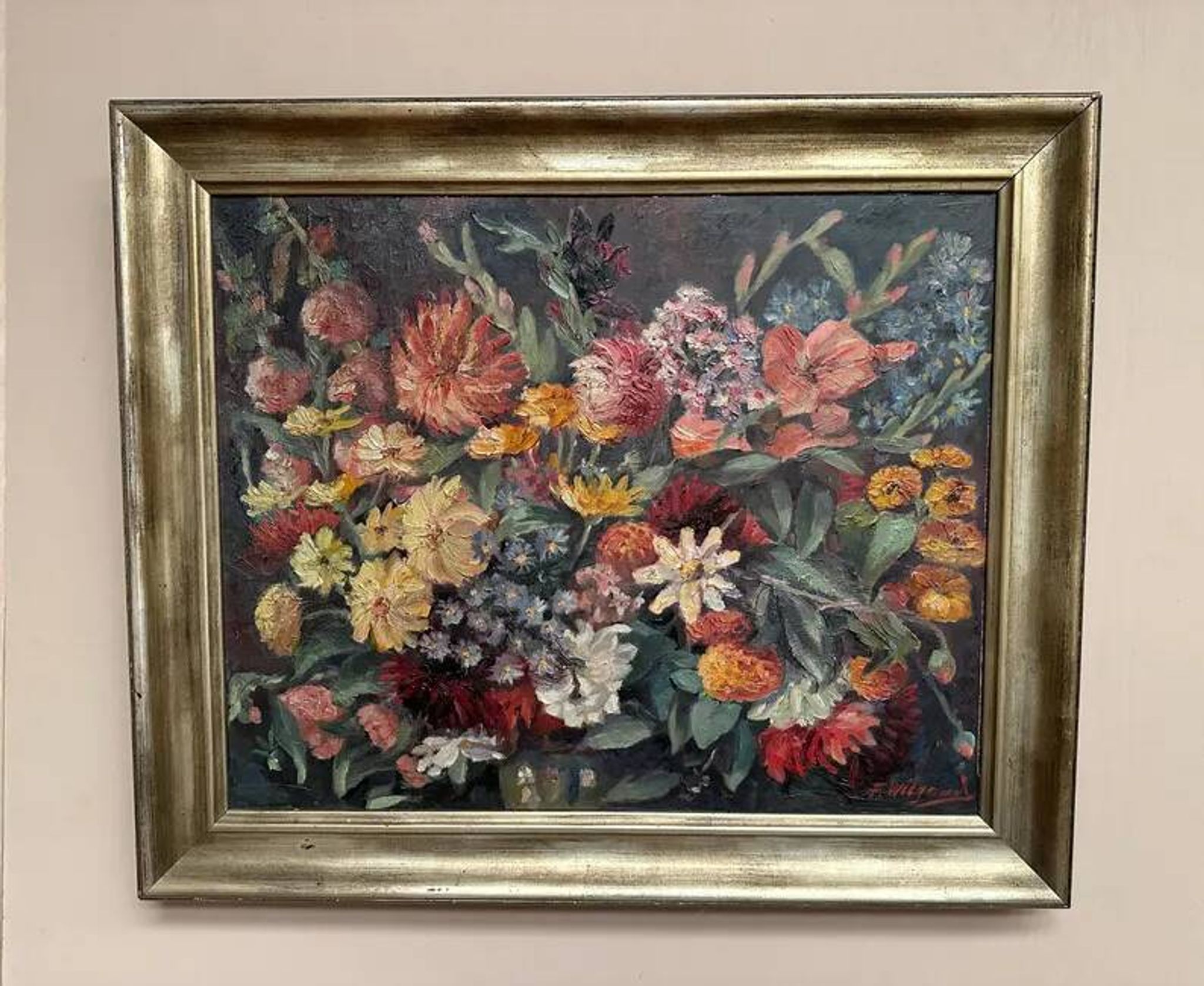 Original Still Life Oil on Canvas “Still Life with Flowers” by F. Wiegand