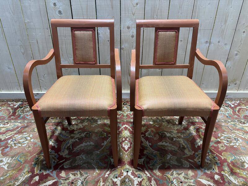 Paire de fauteuils bridge en tissu rayé terracotta