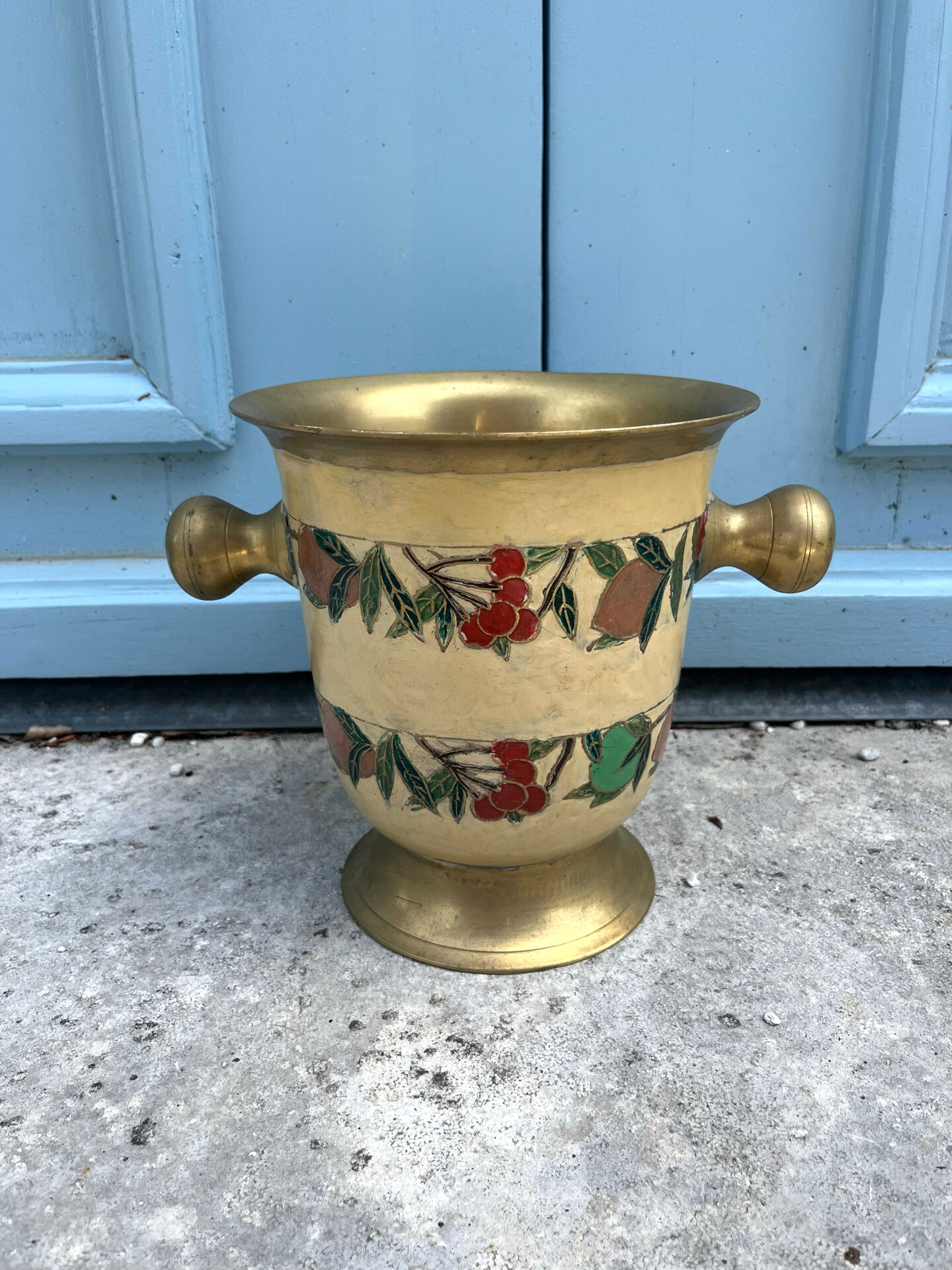 French Brass Cloisonné Style Champagne Bucket with Hand-Painted Fruit