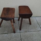 Pair of tripod stools, vintage brutalist style, solid wood