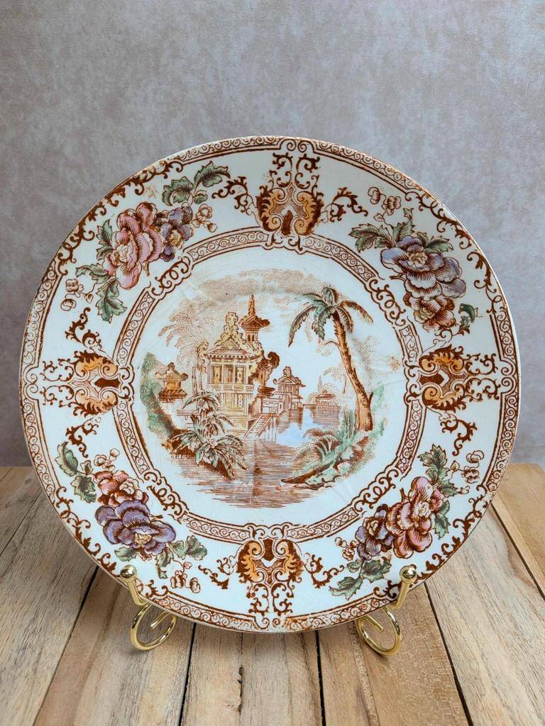 Antique plate Terre de fer Longwy Cyprus model – Japonese floral decoration