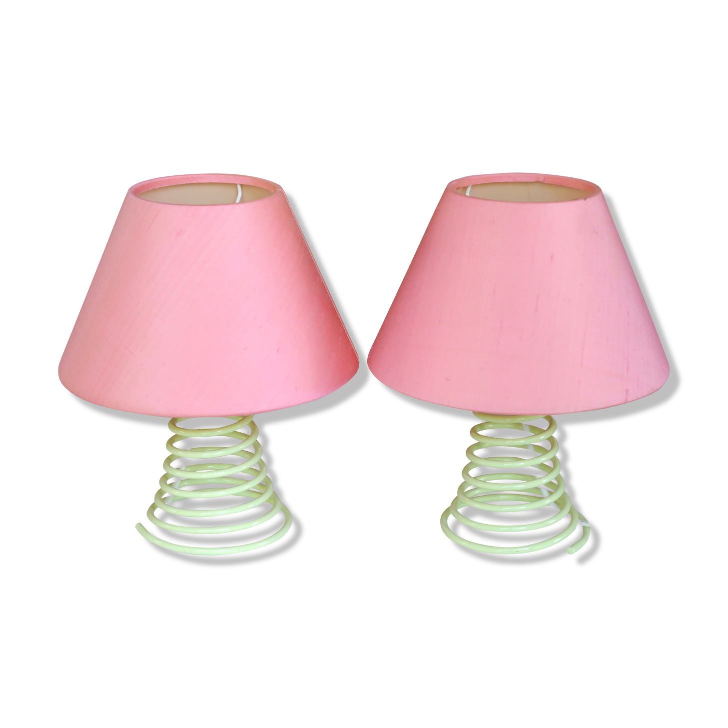 Pair of lamps, yellow spring foot, pink lampshade, 90s