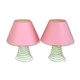 Pair of lamps, yellow spring foot, pink lampshade, 90s