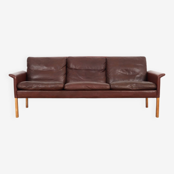 Canapé en cuir marron, design danois, années 1960, designer : Hans Olsen, production : CS Møbler