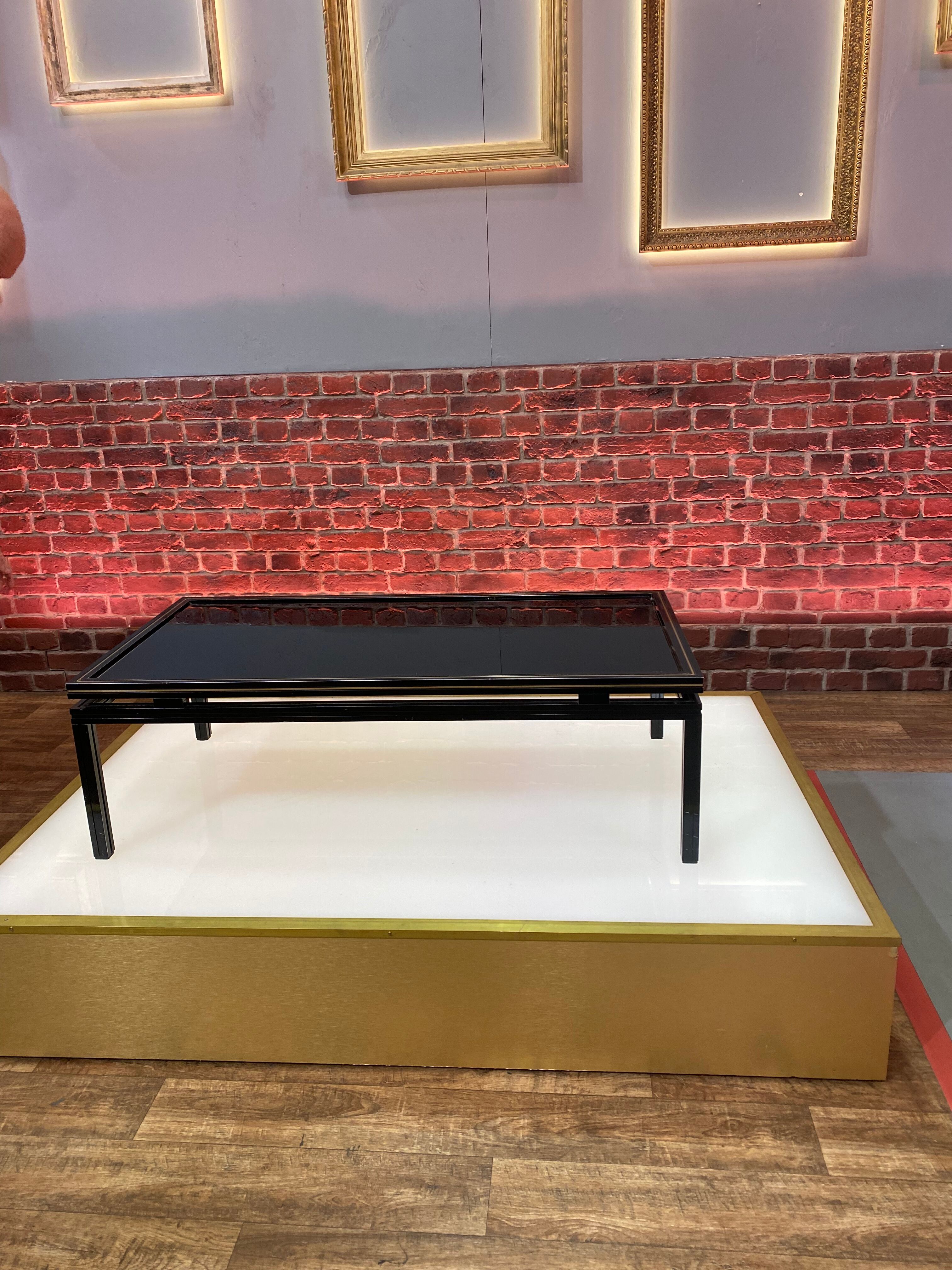 Coffee table Pierre Vandel glass and aluminum black circa 1970
