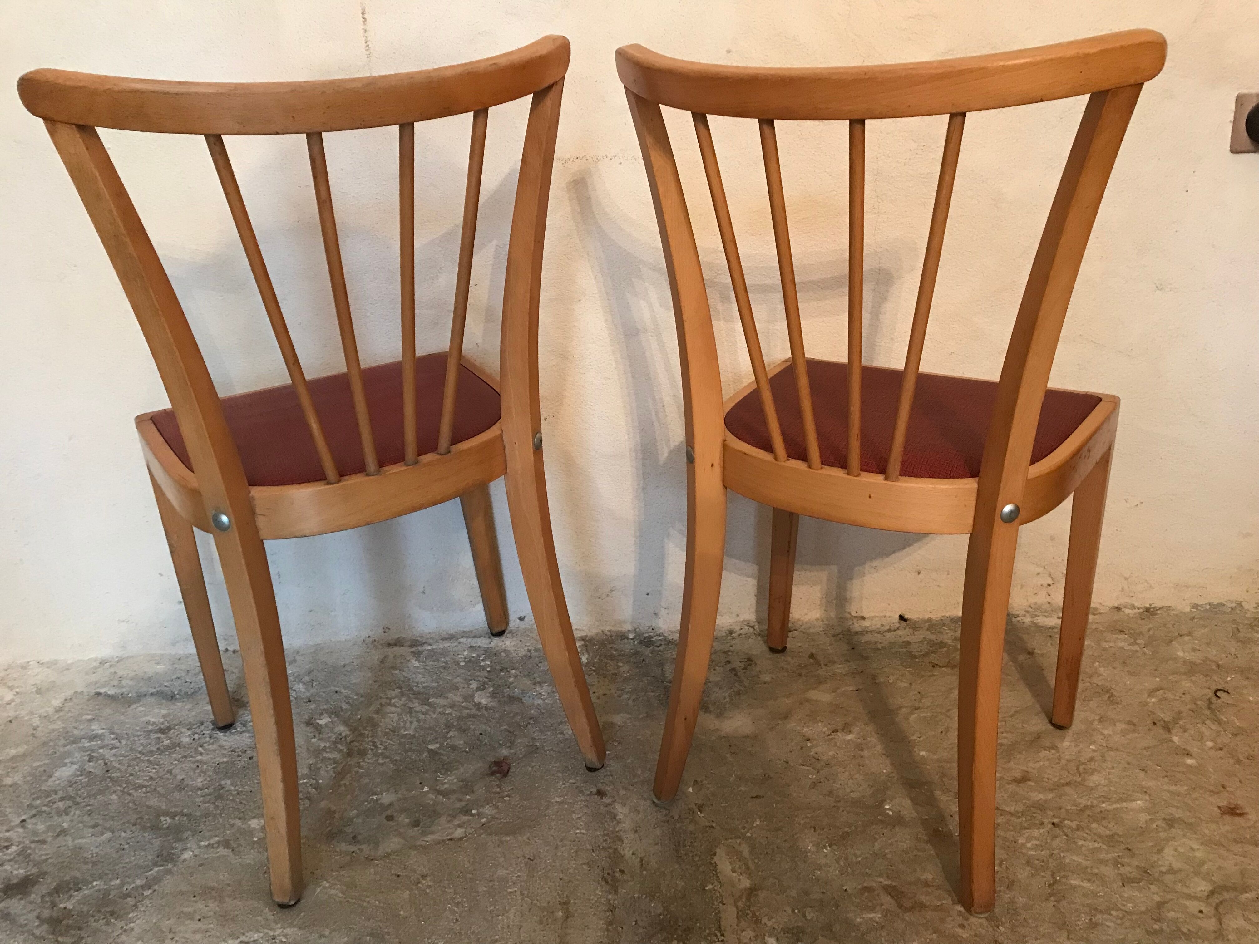Pair of vintage bistro chairs 1960's blond wood and skaï