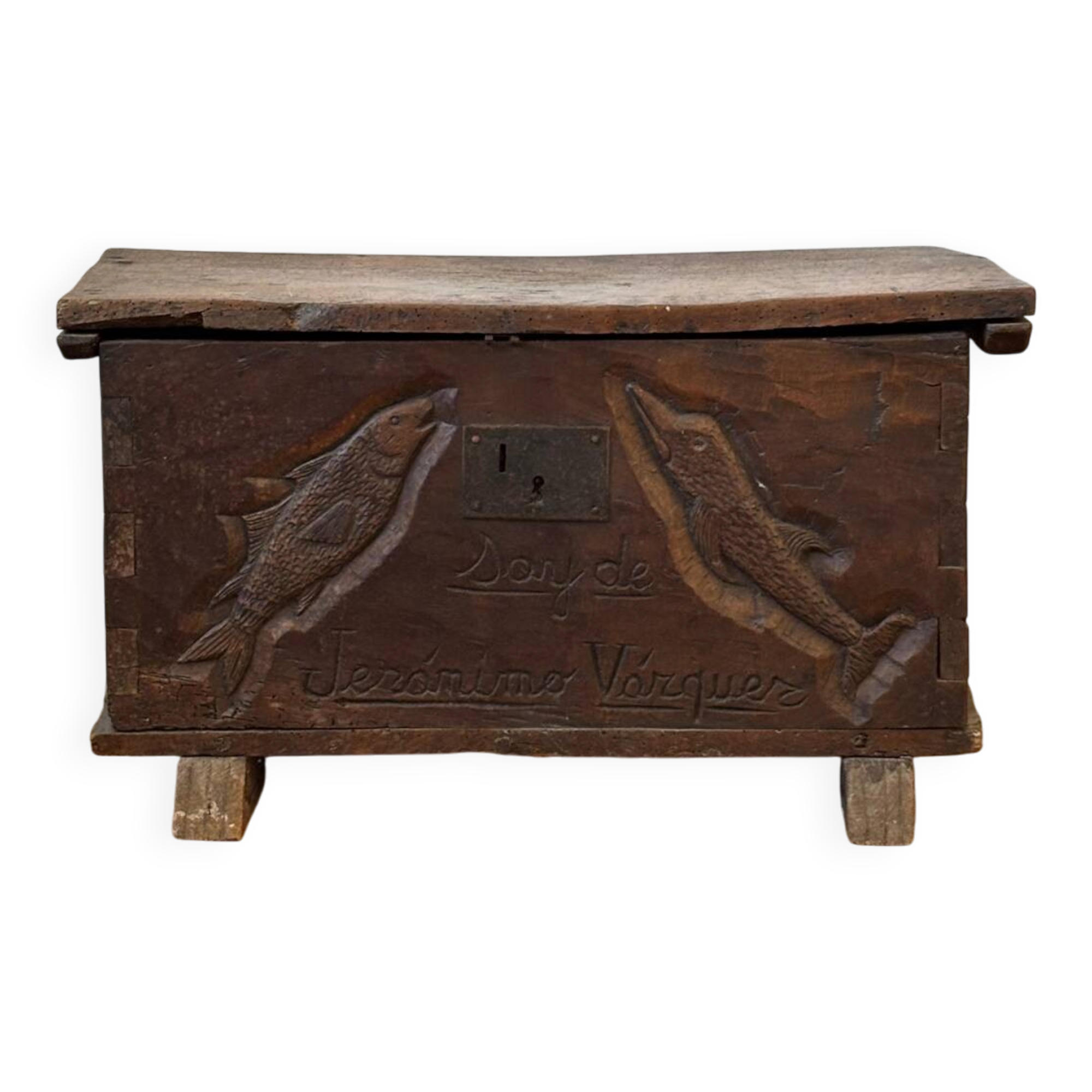 Old Spanish chest with a carved inscription — “I am from Jerónimo Vázquez”