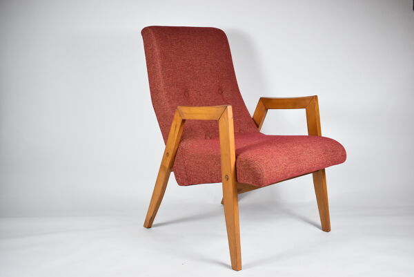 Fauteuil d'origine vintage ''Relax'', années 1960, Europe de l'Est, rénové, tissu rouge