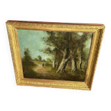 École de Barbizon signée, huile sur toile du 19e siècle représentant un paysage