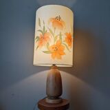 Vintage lamp with turned wooden base and silk lampshade, handcrafted floral decoration