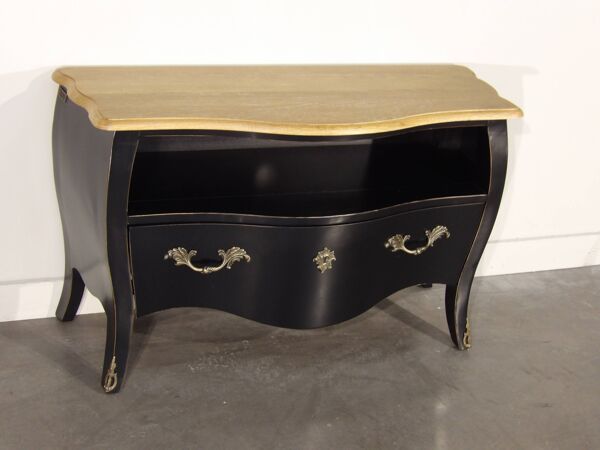 Meuble TV noir style shabby chic, plateau chêne, 1 niche, 1 tiroir