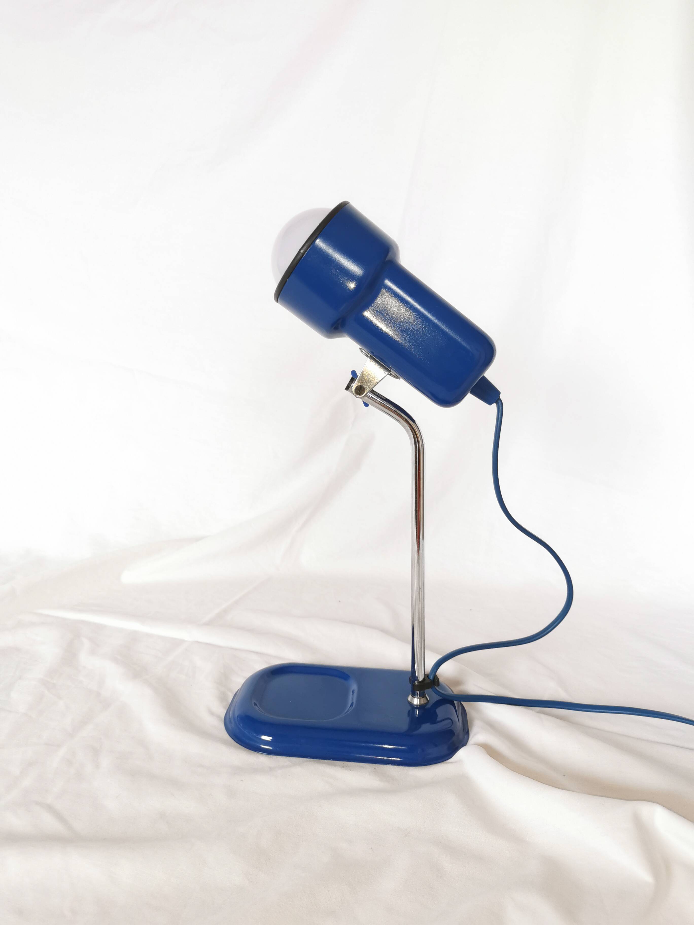 Blue and chrome adjustable spot desk lamp, Vrieland Design, Netherlands, 1970s