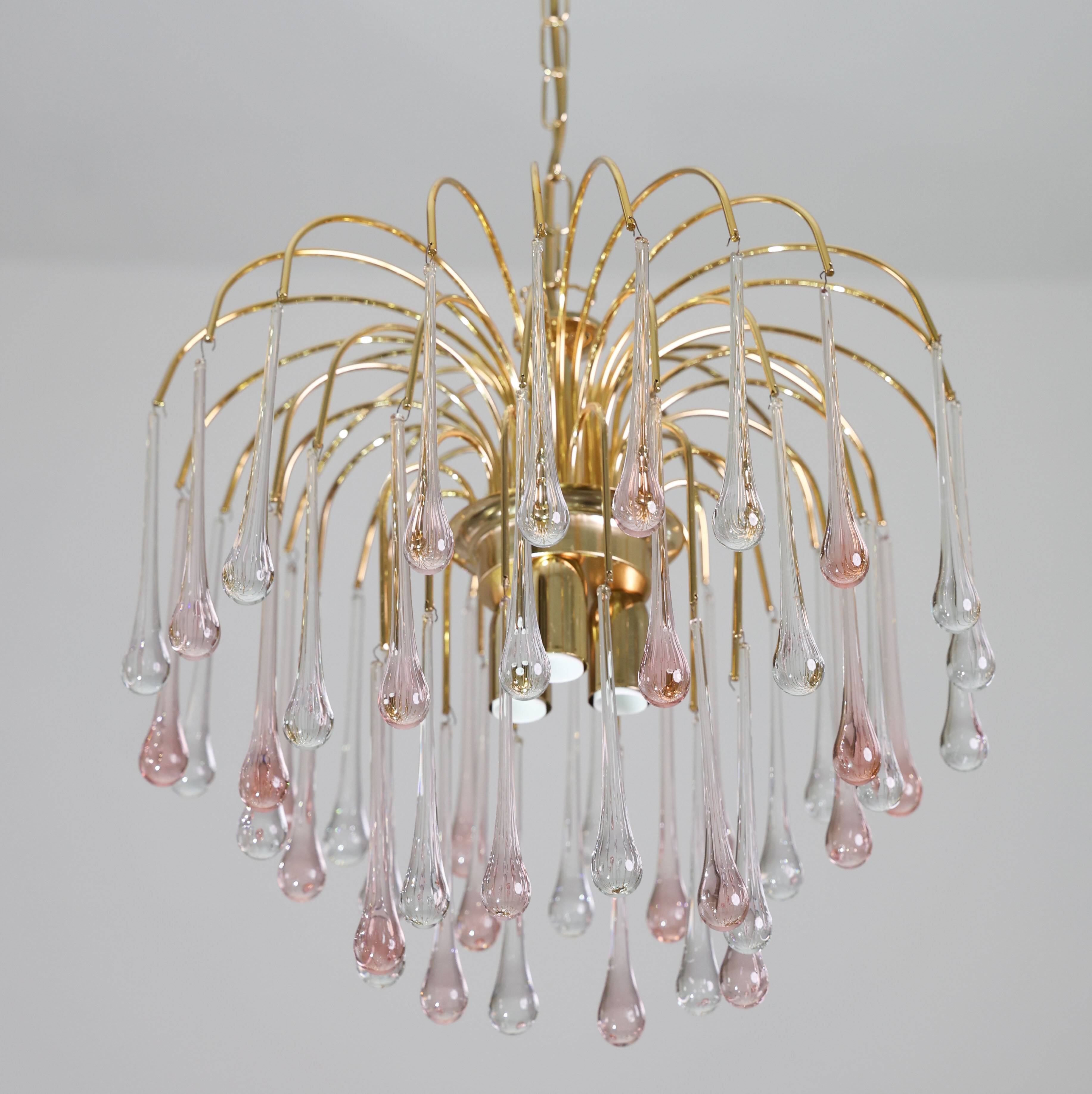 Lady Grace, Chandelier with Pink and Transparent Pendants, Murano Glass, 19