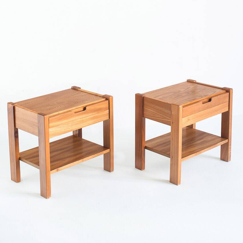 Pair of vintage bedside tables. Elm wood. France, 1970s
