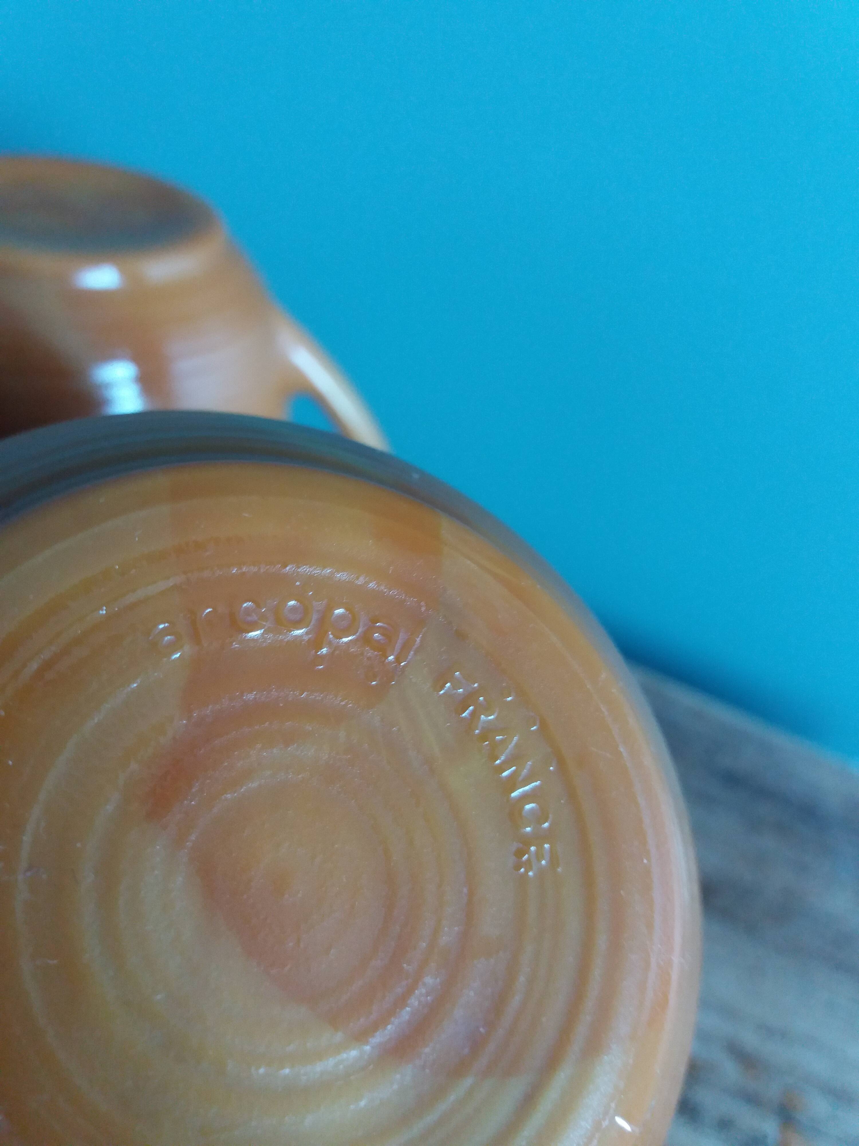 Large Arcopal France Volcan model mugs from 1970, caramel mustard