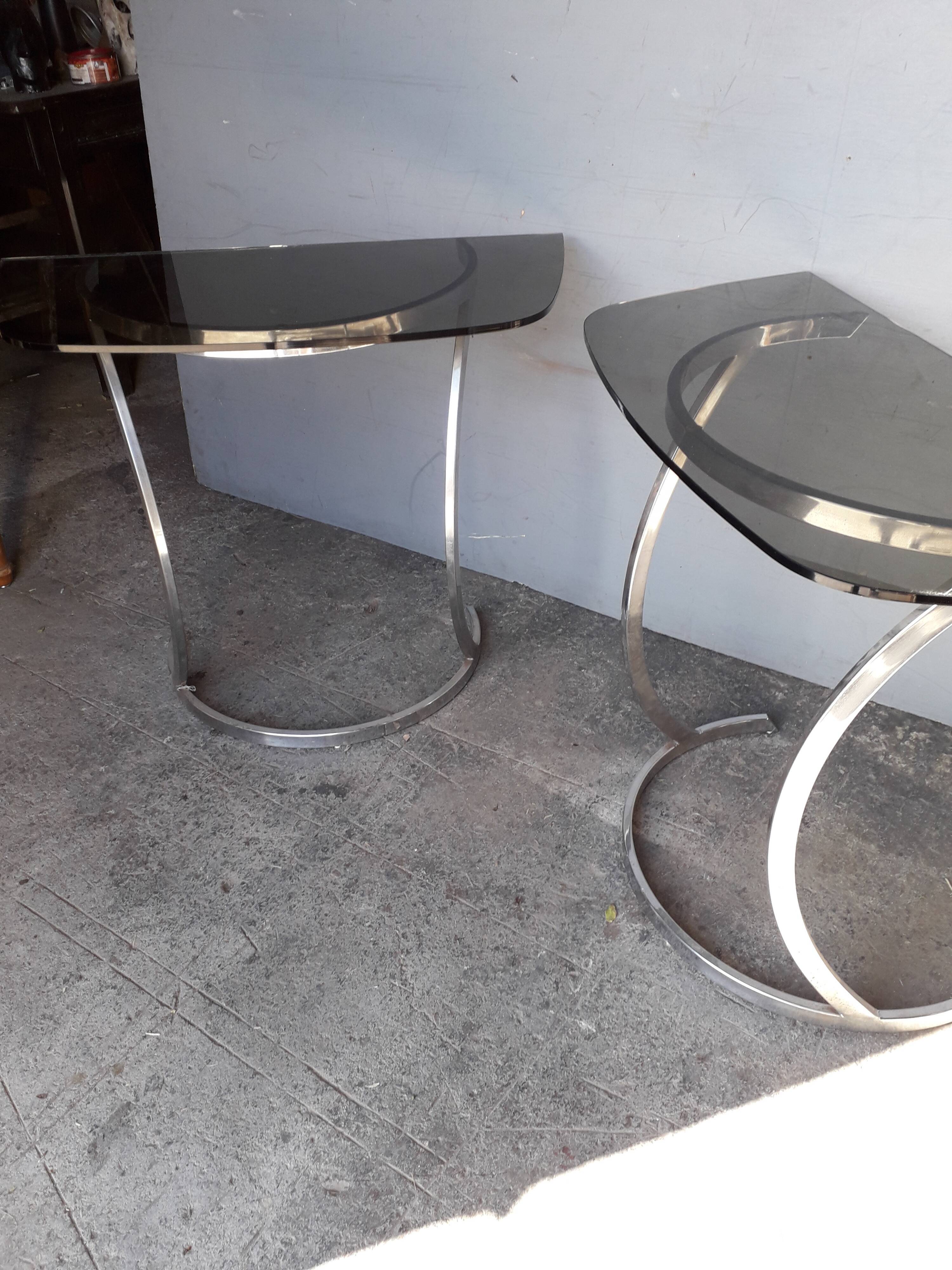 Paire de console demi lune chrome et verre ep 1970