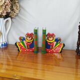 Vintage wooden bookends for kids, bear & books polychrome