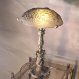 Louis XV bronze lamp rocaille style 34x25, molded glass lampshade signed Stella