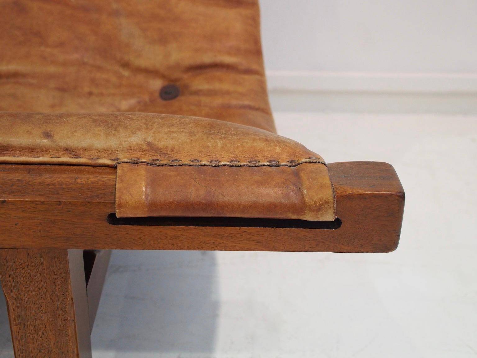 20th-century leather and Brazilian hardwood sofa, Brown