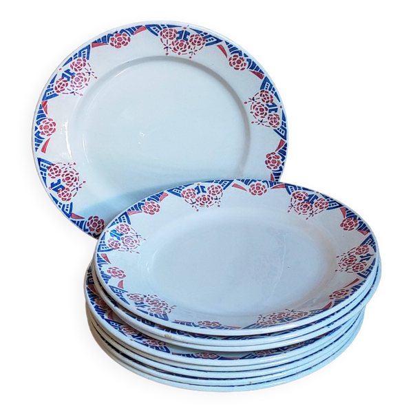 Neuf assiettes à dessert faïence de Sarreguemines service Brunoy années 40
