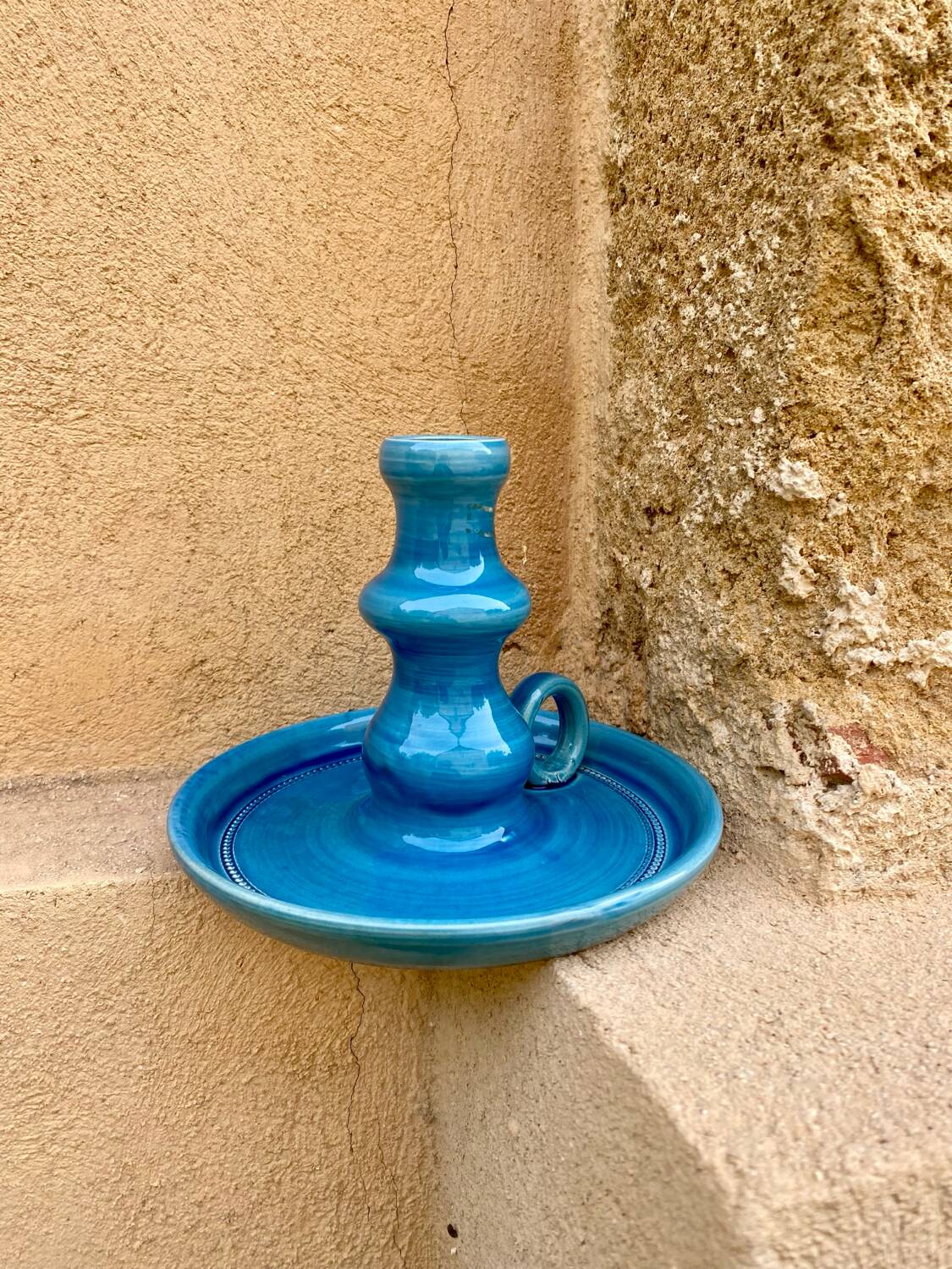 Vintage blue ceramic candle holder