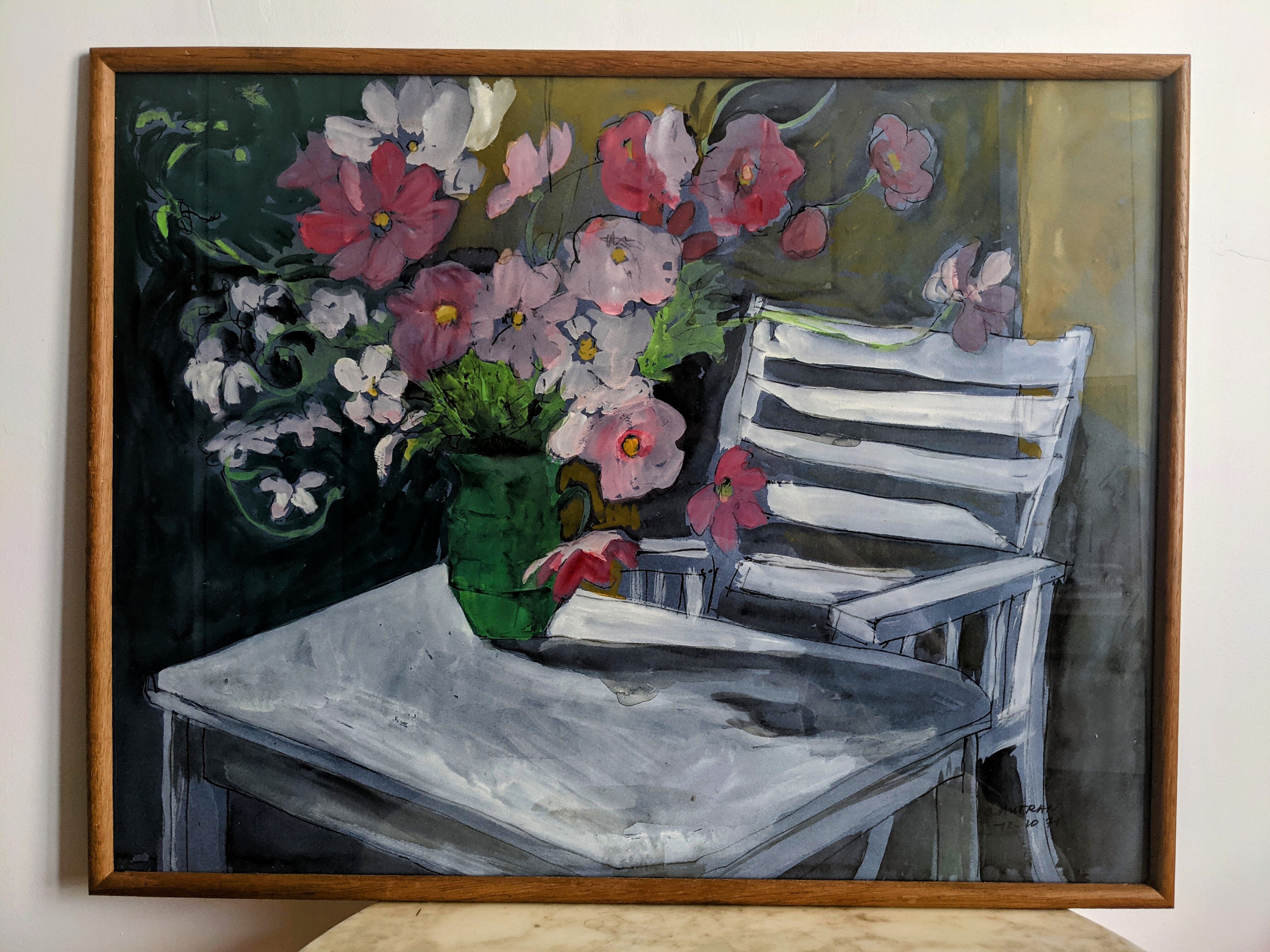 Tableau bouquet de fleur, aquarelle et gouache, signé et daté 1971