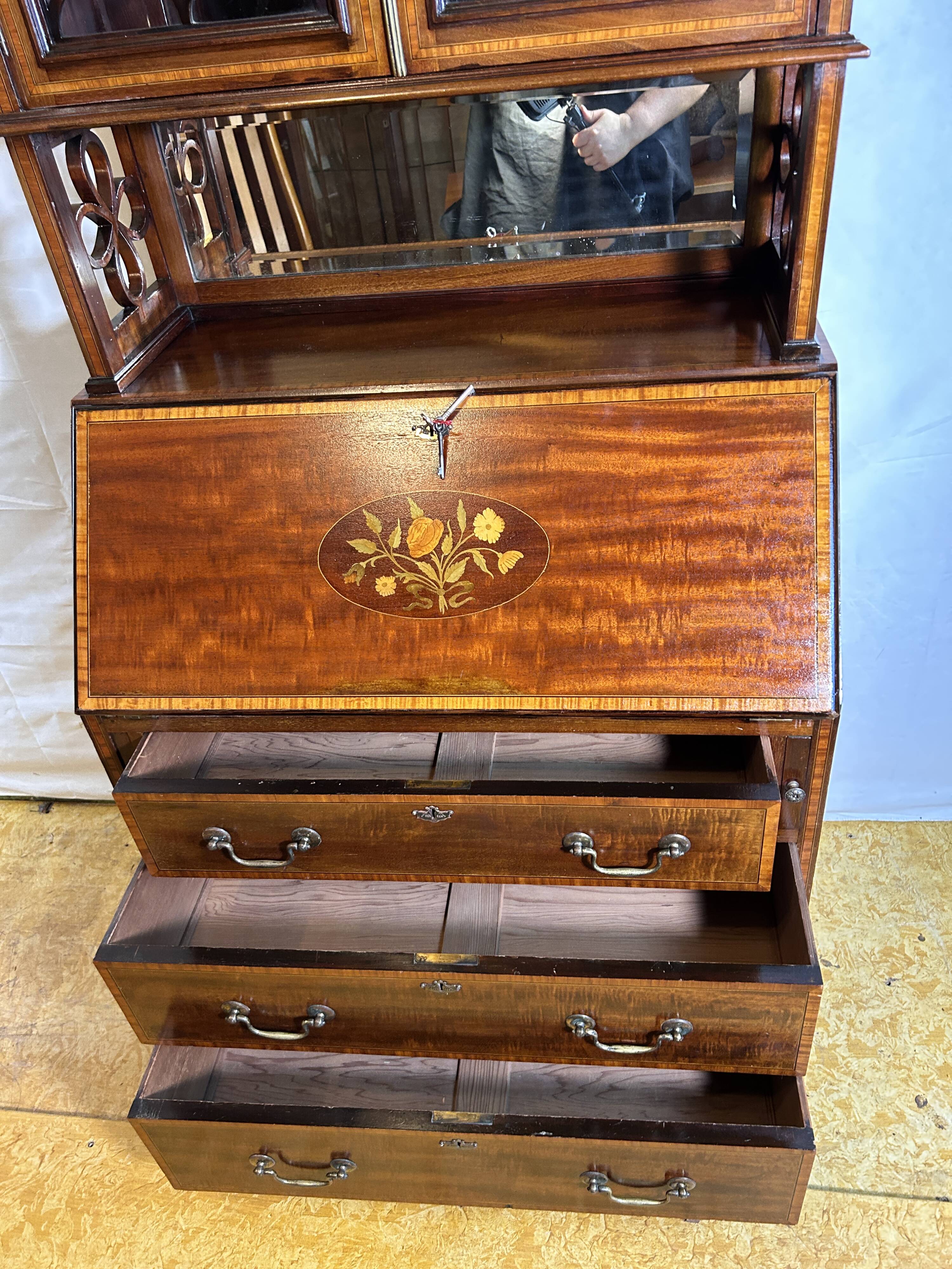 Antique Edwardian Bureau Bookcase with Inlaid Floral Detail – Early 20th Ce