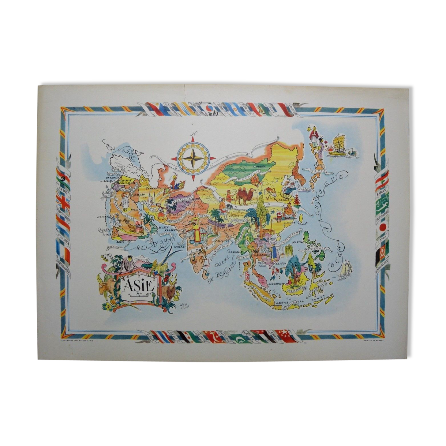 Illustrated map of Asia of Jacques Liozu world map