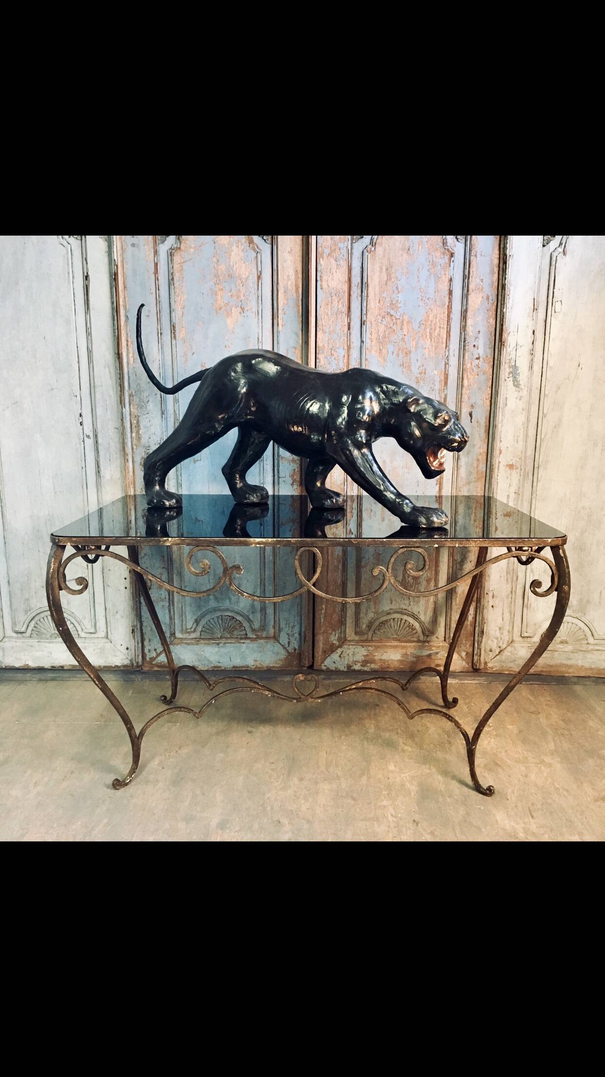 French Art Deco Wrought Iron Dining Table with Black Colored Glass, 1930s