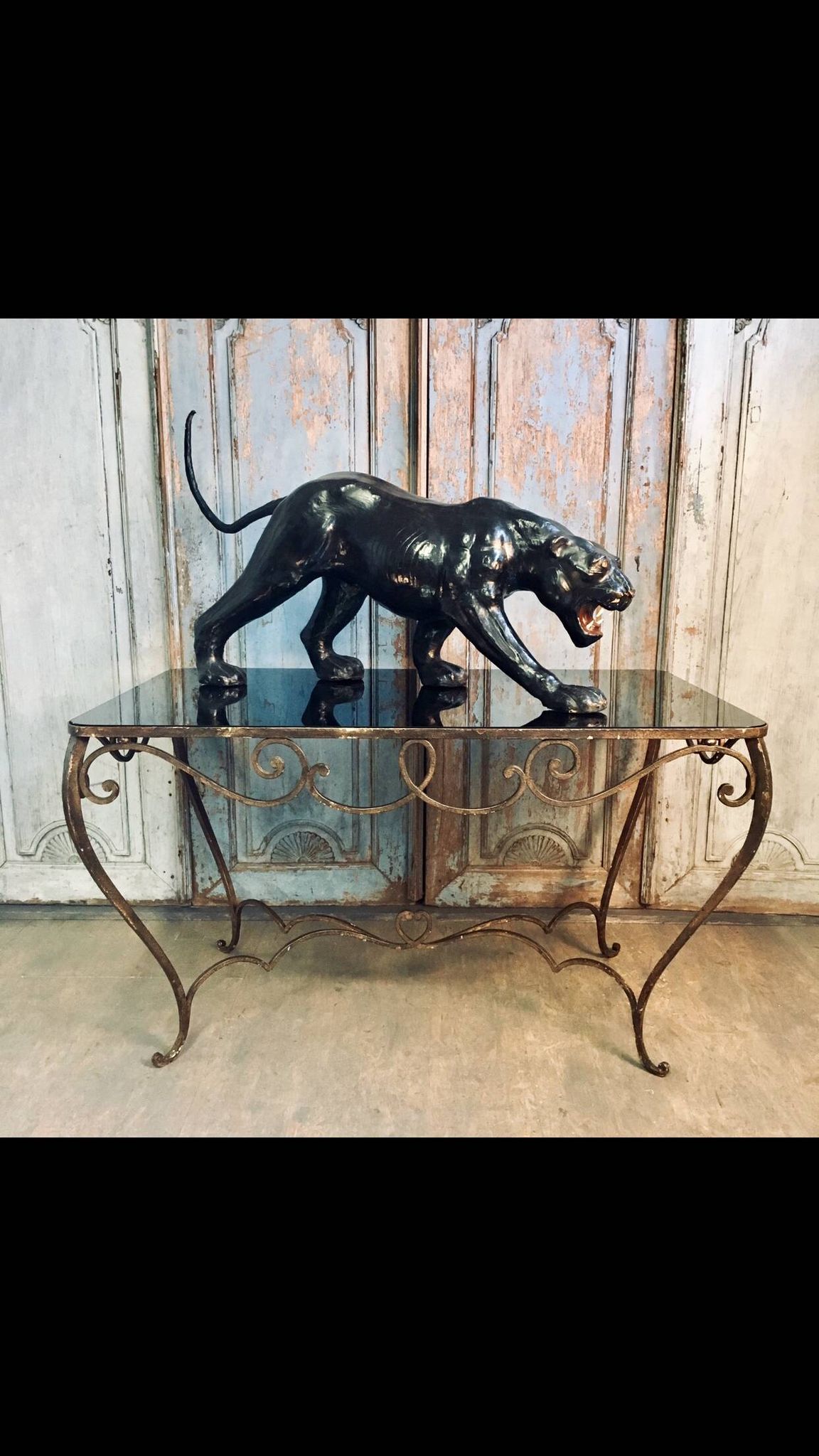 Table à manger Art Déco en fer forgé avec verre noir, années 1930