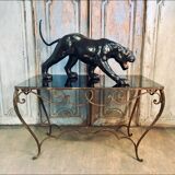 French Art Deco Wrought Iron Dining Table with Black Colored Glass, 1930s