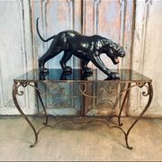 Table à manger Art Déco en fer forgé avec verre noir, années 1930