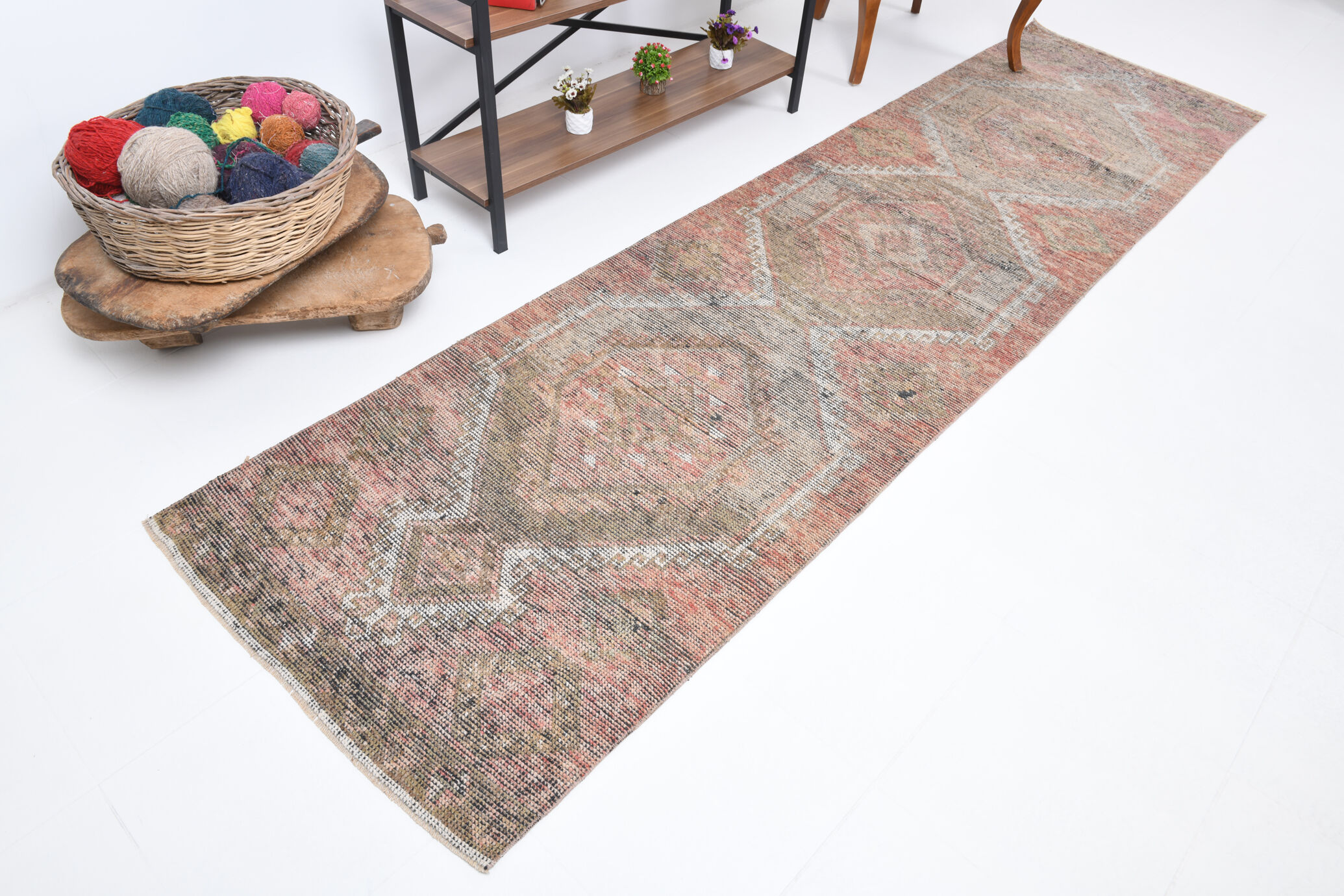 Faded brown & beige turkish runner rug 339x91cm