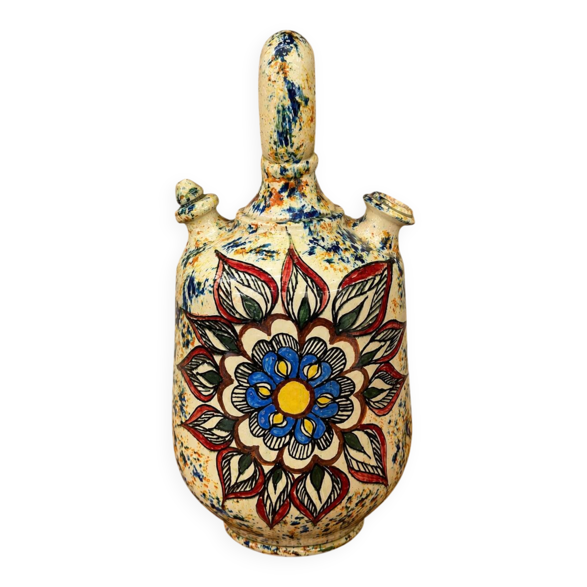 polychrome floral-decorated jug in glazed ceramic