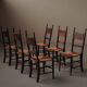 Set of 6 Arts & Crafts chairs, solid wood and straw, circa 1900.