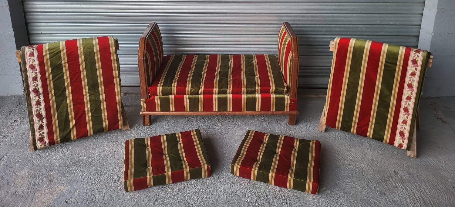 Ensemble banquette, 2 coussins et 2 rideaux Art Déco