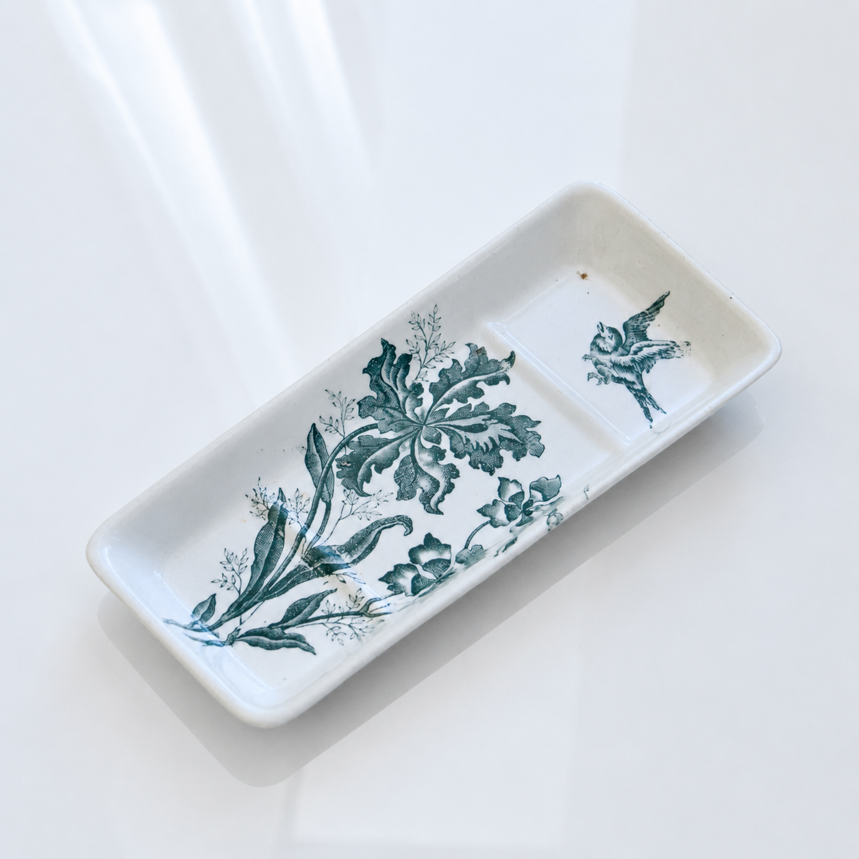Ravier soap dish 19th century ironstone signed Moulin des Loups "Orchids"
