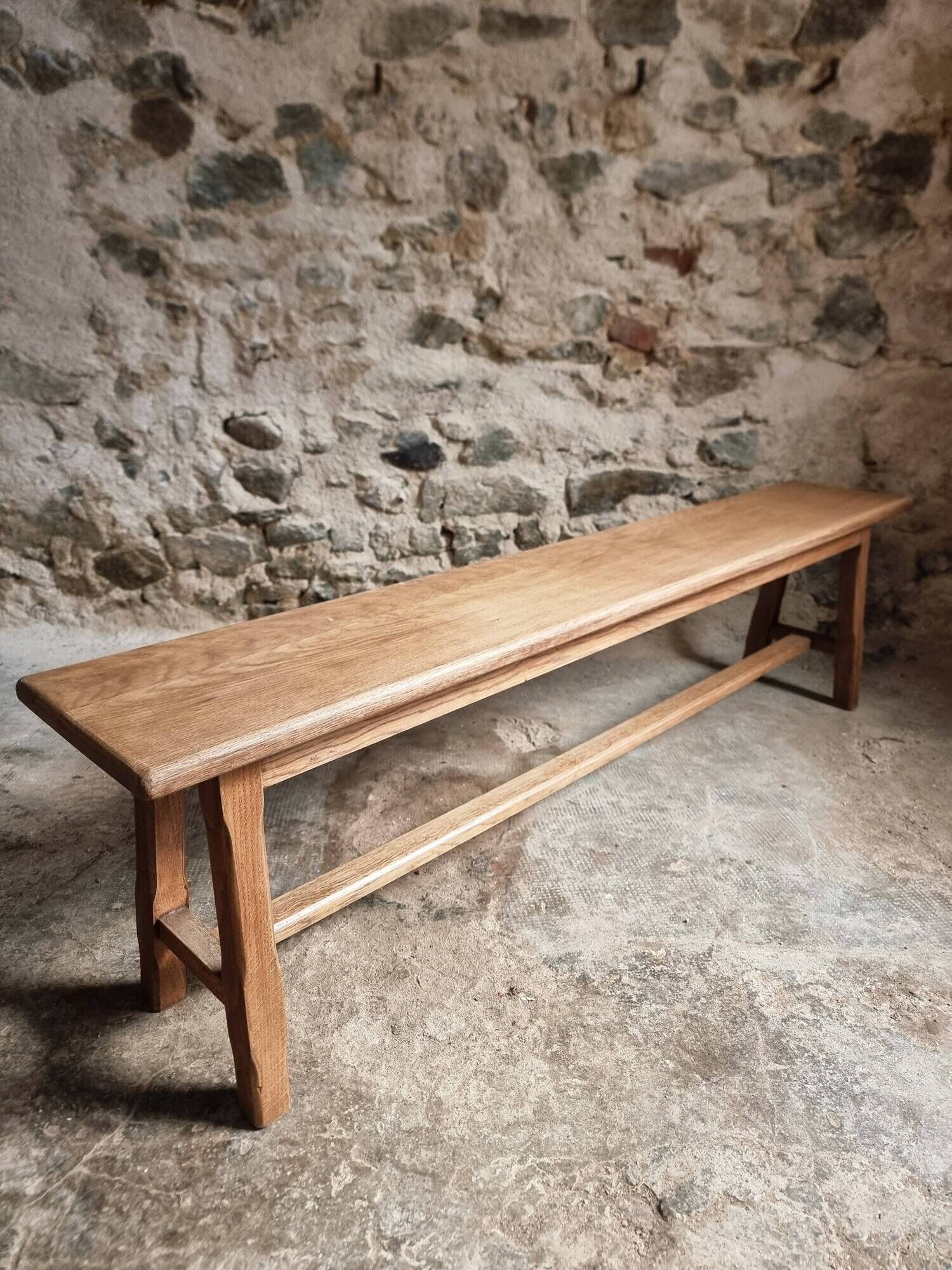 Vintage oak bench, solid wood dining bench, rustic farmhouse bench, French country style, circa 1950–1965.