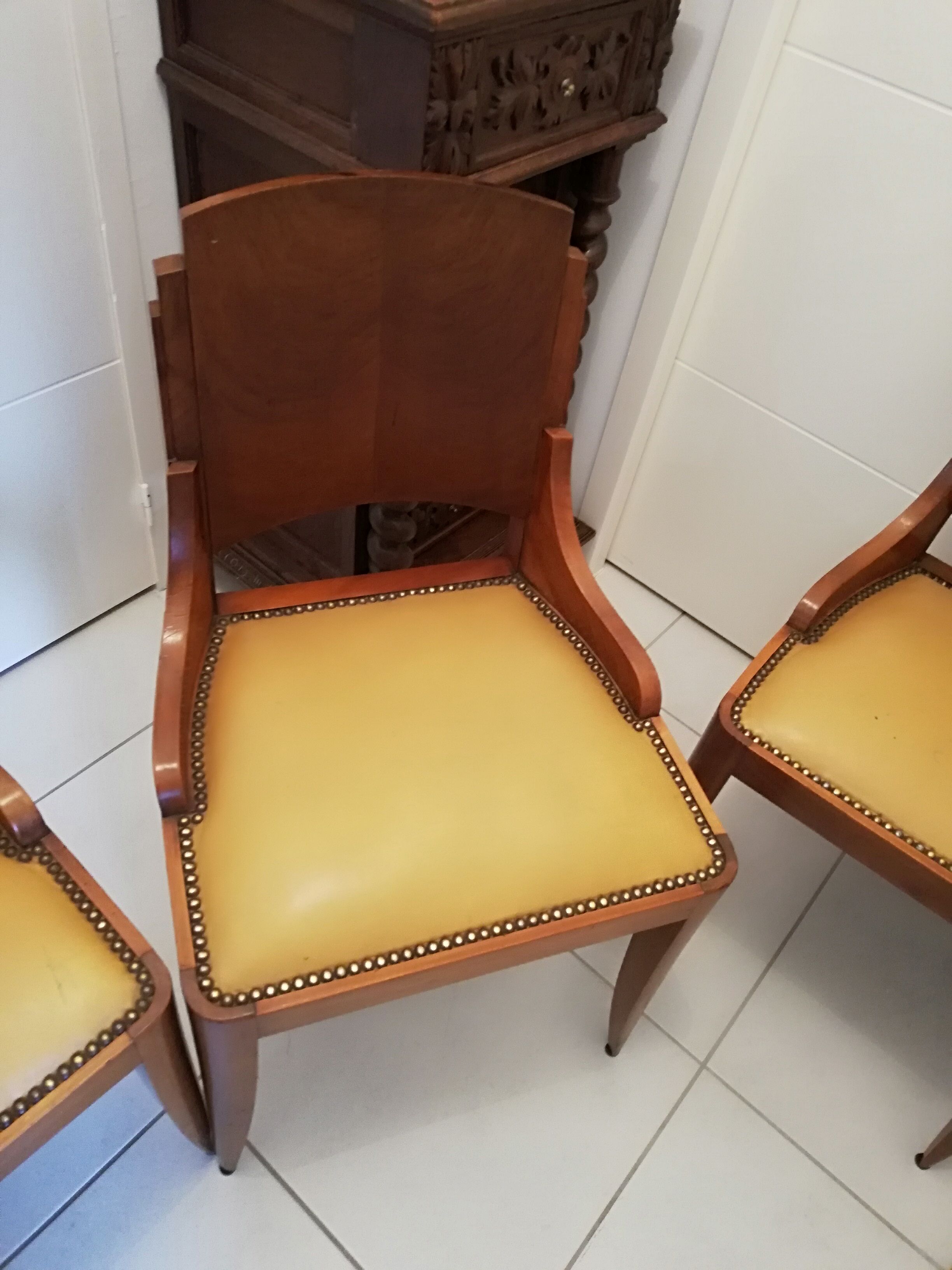 4 vintage 40s solid wood chairs and leather seating