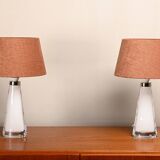 Carl Fagerlund white glass table lamps and dark ochre shades for Orrefors Sweden