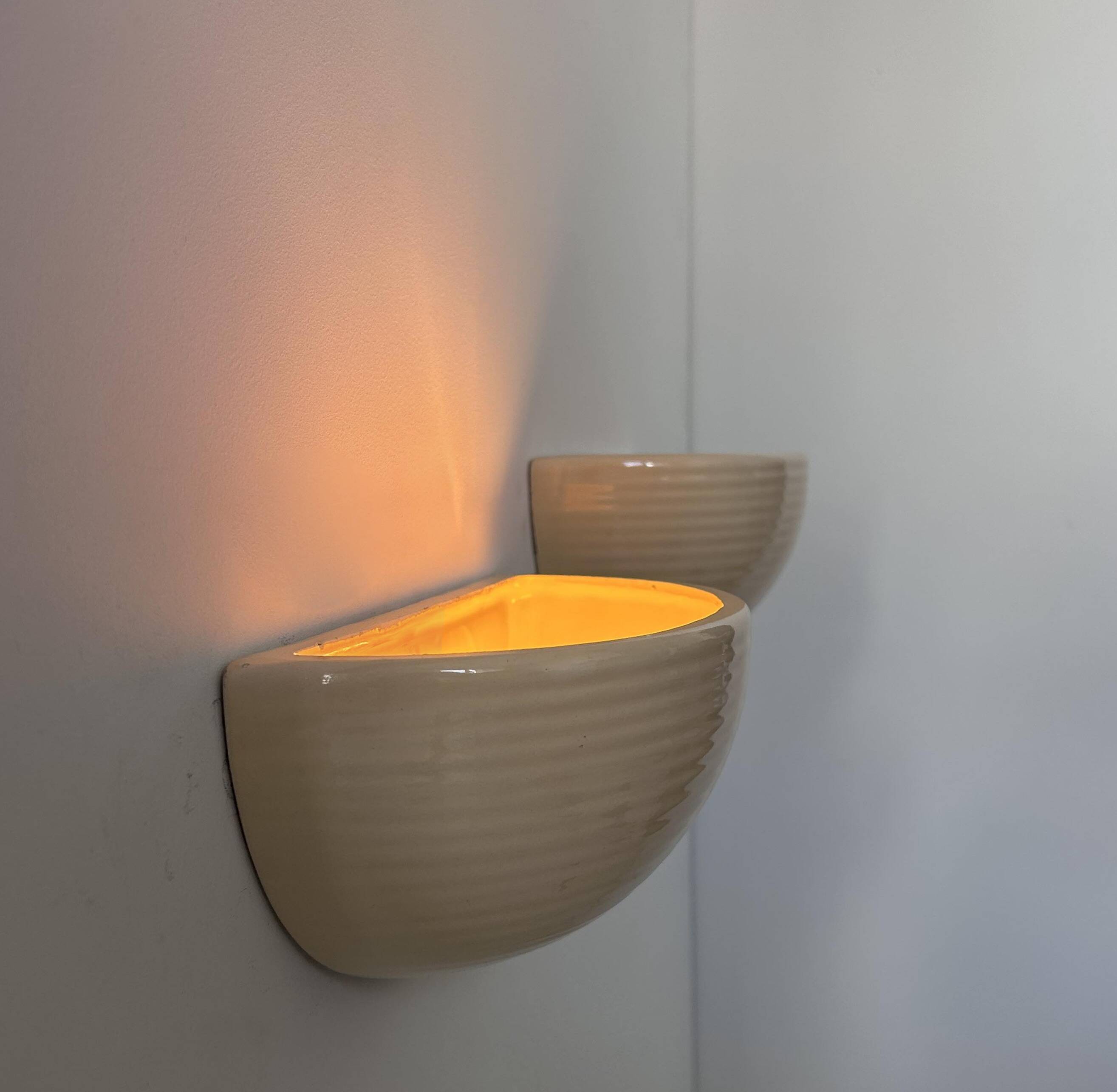 Pair of vintage wall lights, beige porcelain, France 1970