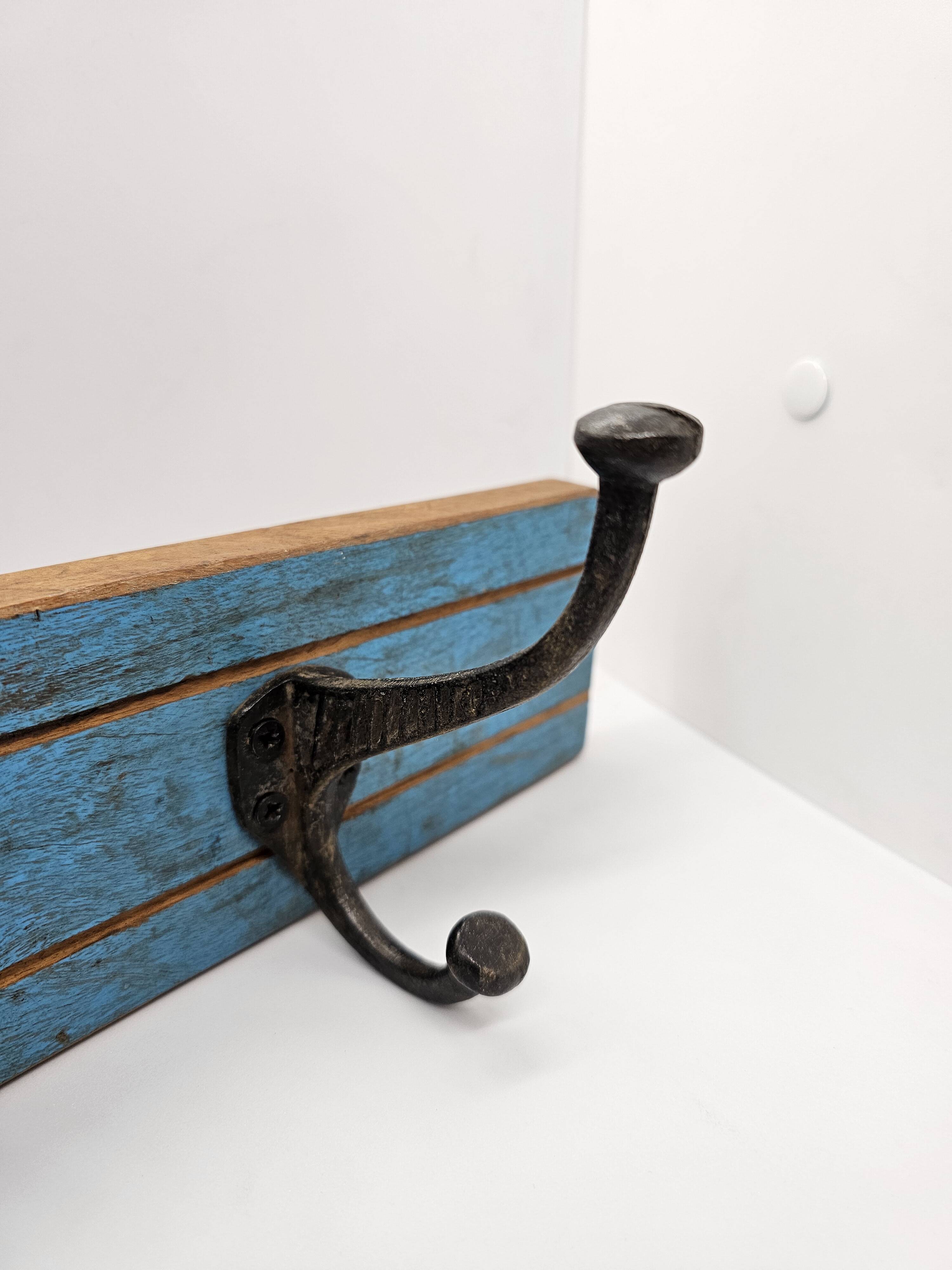 Solid teak coat hook with 2 double cast iron hooks