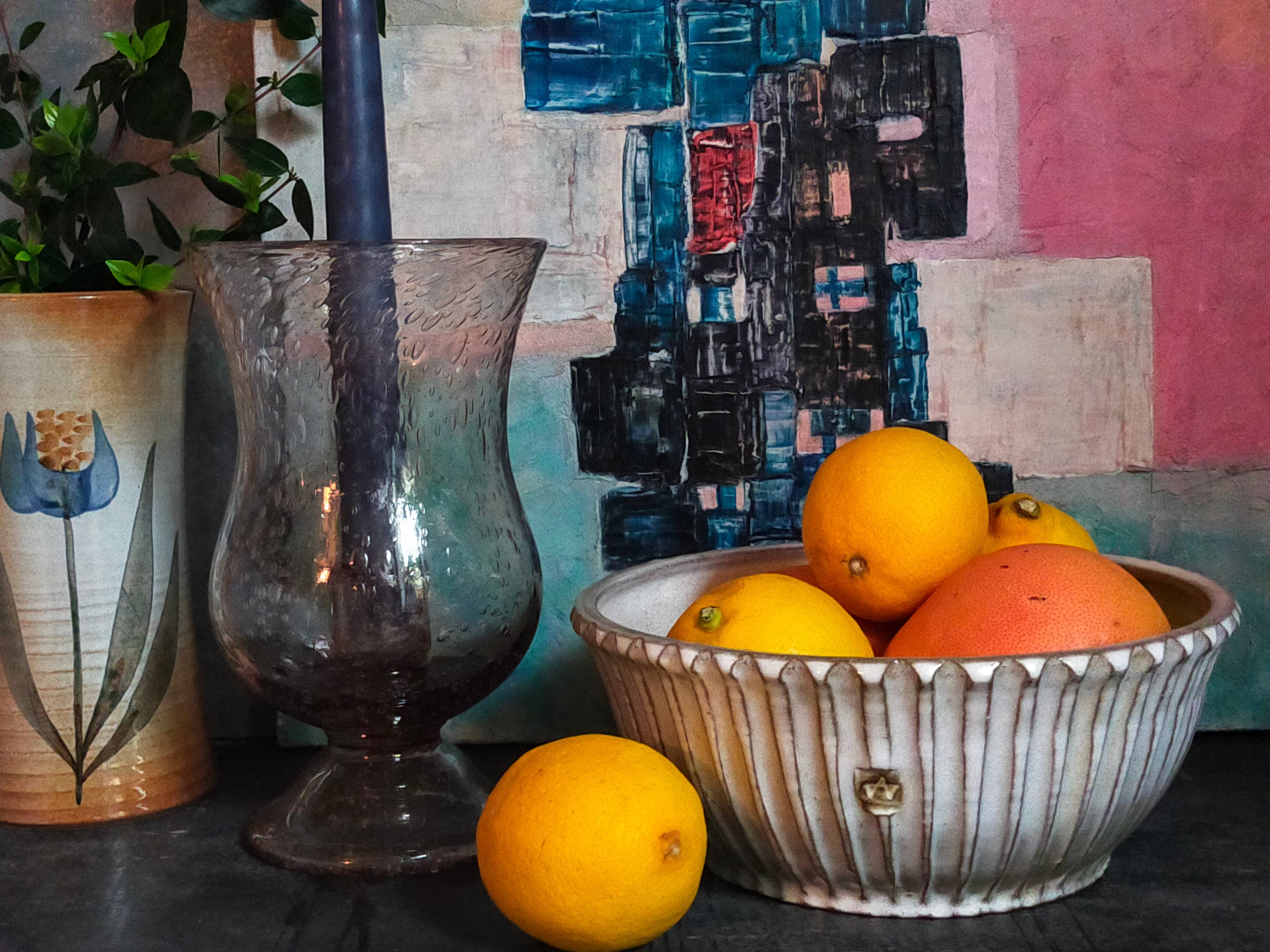 Vintage fluted enameled earthenware potter's salad bowl