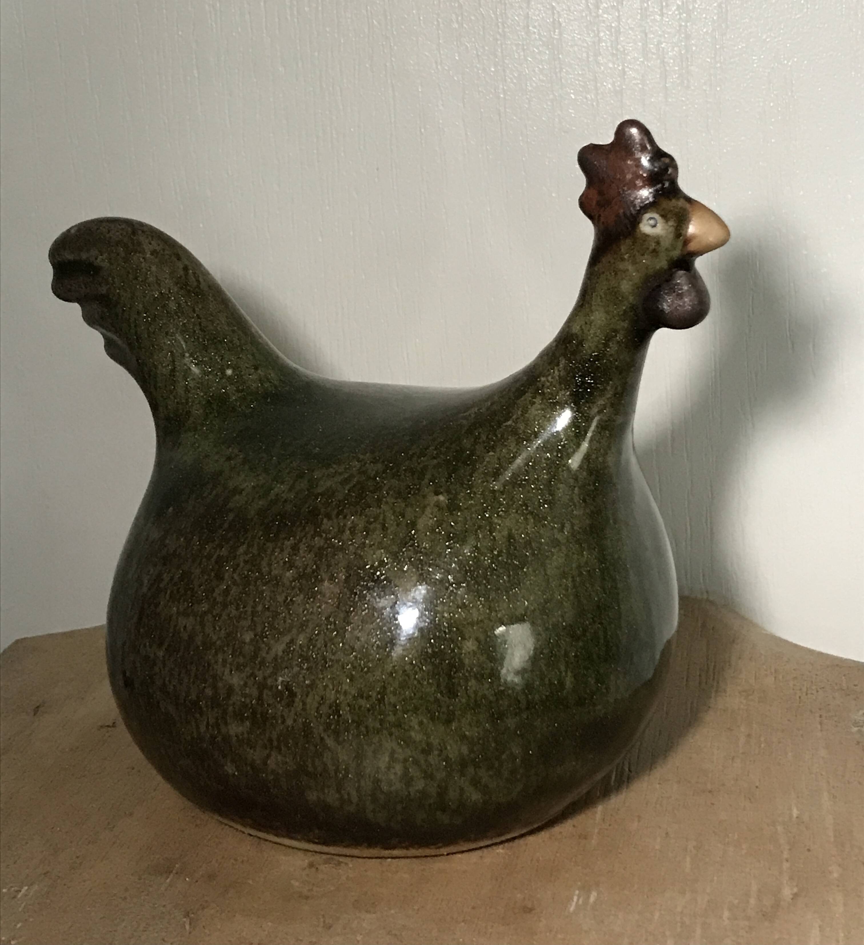 Vintage Rooster Figurine in Olive Green Glazed Stoneware with Glitter Effect 16 cm
