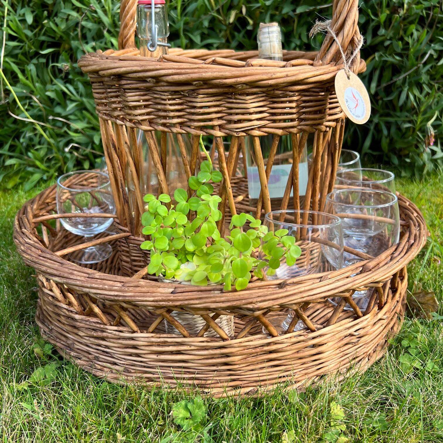 Large wicker bottle & glass basket