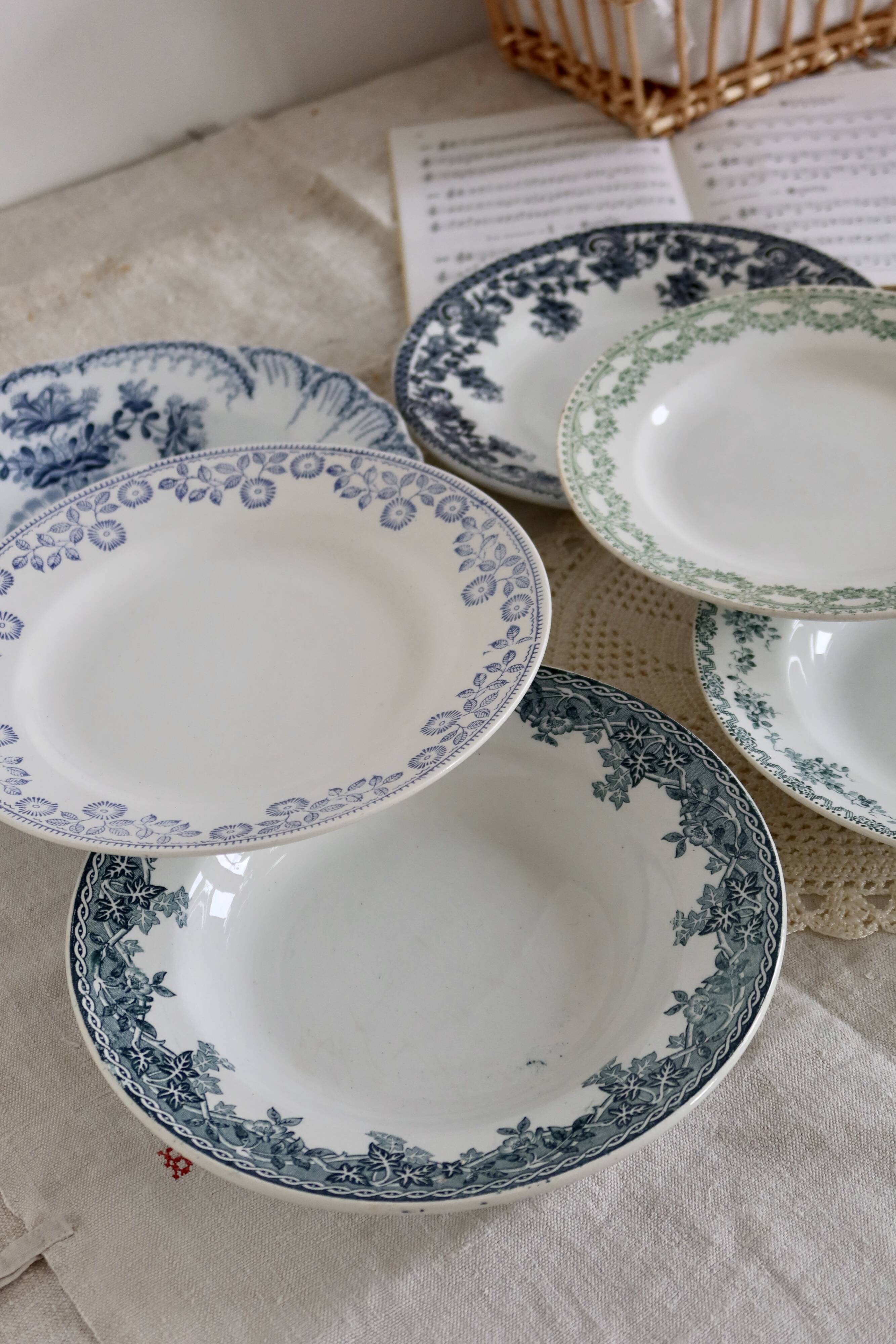 6 mismatched vintage iron earthenware plates