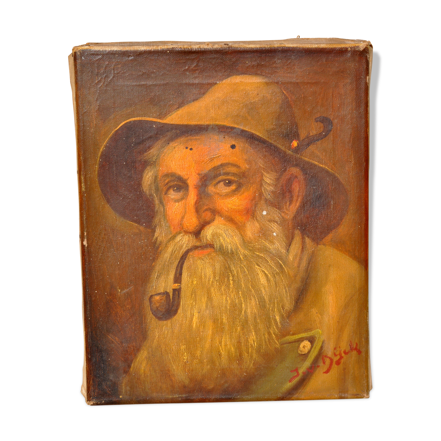 Portrait old old man smoking pipe
