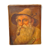 Portrait ancien vieillard fumant la pipe